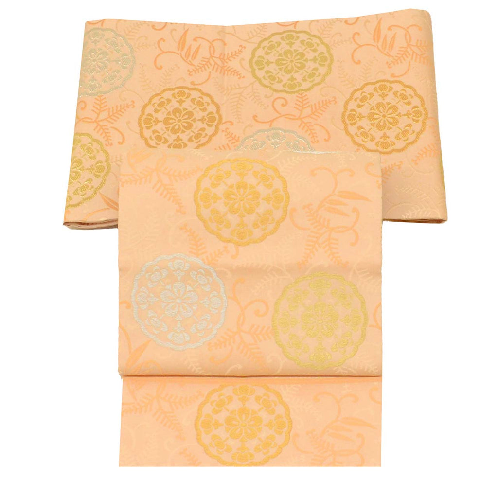 Vintage Japanese Obi | Fukuro Obi | Orange Silk | Circle Floral | Kara-ori Gold Silver Thread | Furisode | Excellent | Sustainable | uu1079b