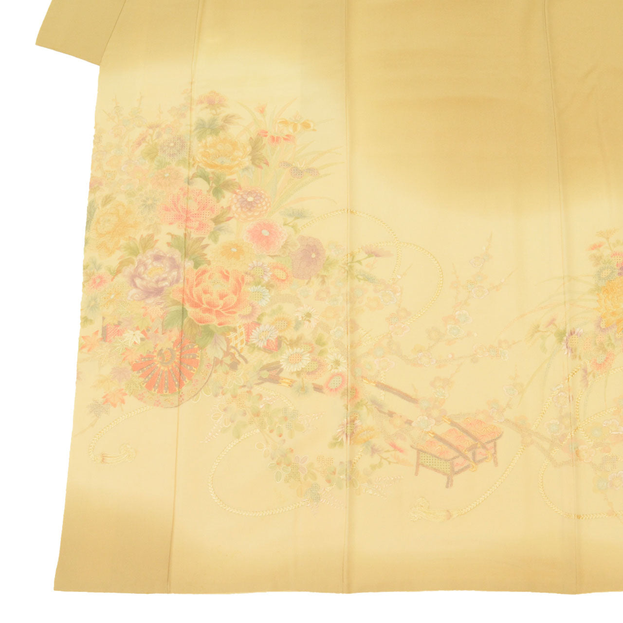 [Used] Recycled Kimono, Colored Formal Kimono, Lined, Pure Silk, Ready-made, Sleeve Length 66.5cm (26.2in), Body Length 156.5cm (61.6in), Size M, Brown, Floral Cart Pattern, Visiting Kimono Style, Swatow Embroidery, uu1080b
