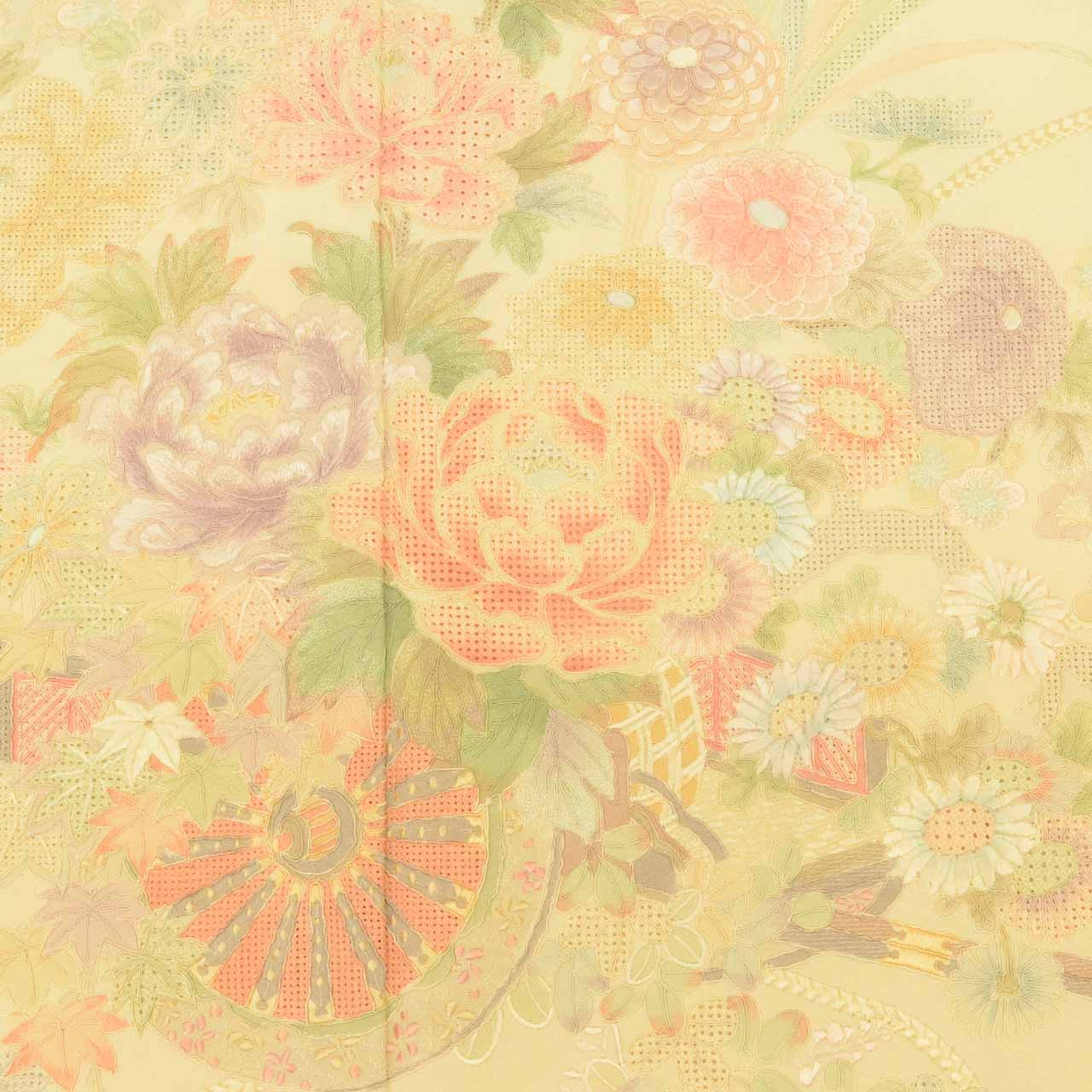 [Used] Recycled Kimono, Colored Formal Kimono, Lined, Pure Silk, Ready-made, Sleeve Length 66.5cm (26.2in), Body Length 156.5cm (61.6in), Size M, Brown, Floral Cart Pattern, Visiting Kimono Style, Swatow Embroidery, uu1080b