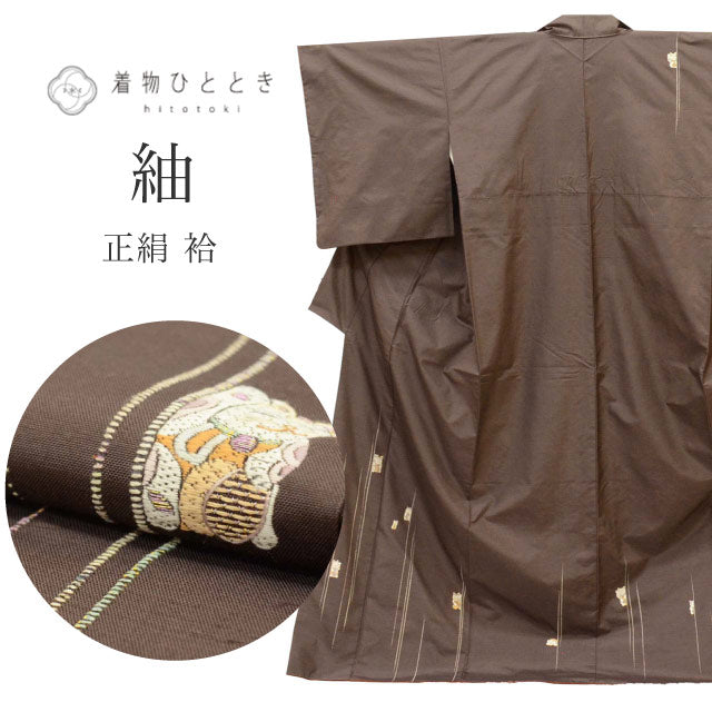 【中古】  リサイクル着物 白山紬 袷 正絹仕立て上がり 落款あり 裄68cm 身丈163.5cm Ｌ 茶色系 まねき猫文様 uu1081b