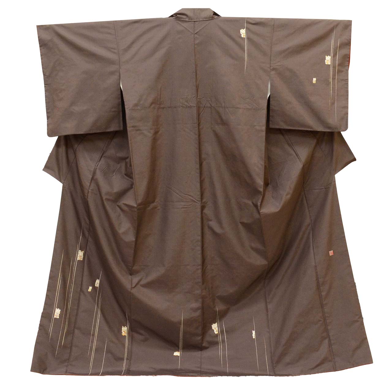 [Used] Recycled Kimono, Hakusan Tsumugi Silk, Lined, Ready-made, with signature, Sleeve length 68.0cm (26.8in), Body length 163.5cm (64.4in), Size L, Brown, Maneki-neko (beckoning cat) pattern, uu1081b 
