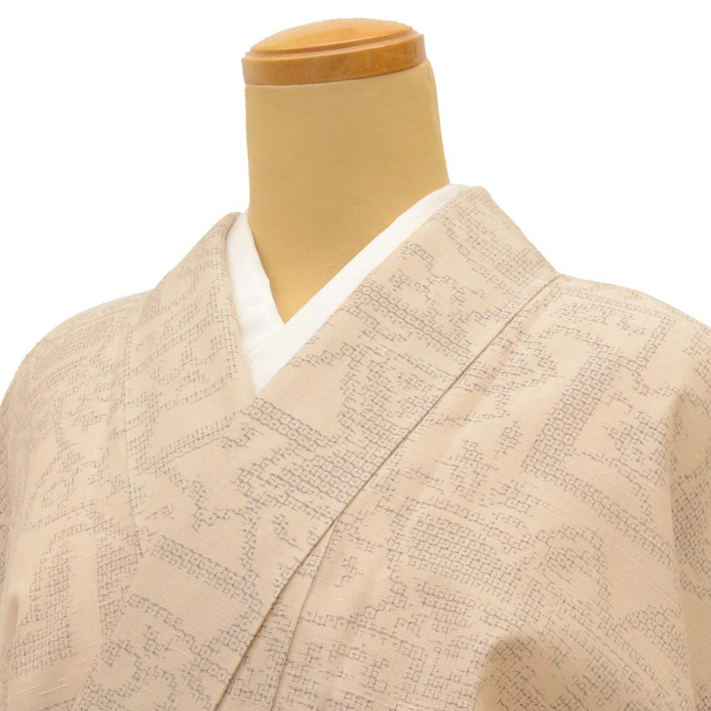 Vintage Japanese Kimono | Yuki Tsumugi | Beige Silk | Kasuri Pattern | Certified | UNESCO Heritage | Size M | Sustainable | uu1086b