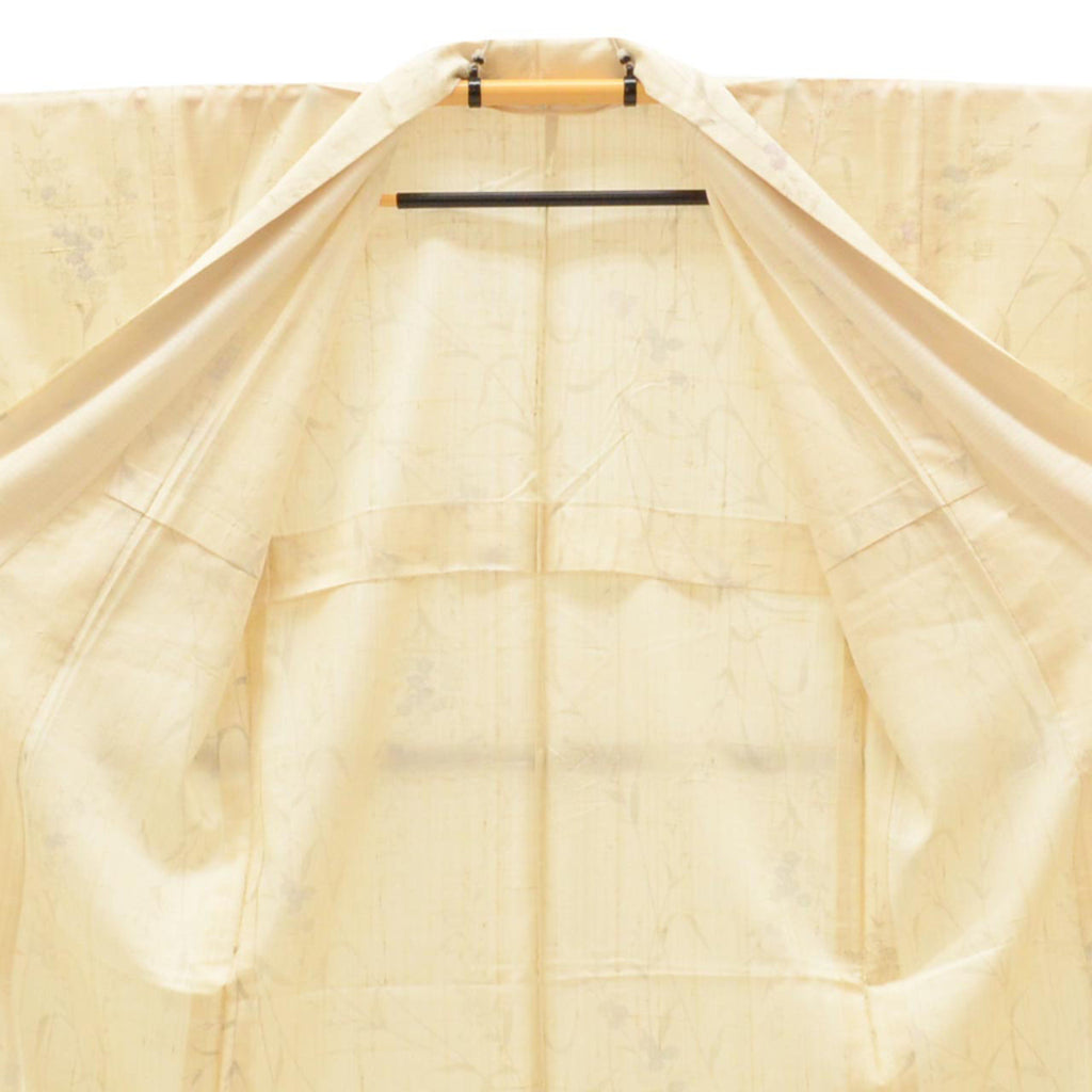 Vintage Japanese Kimono | Summer Mawata Tsumugi | Beige Silk | Botanical Floral | Petite Size S | Sustainable | uu1097b