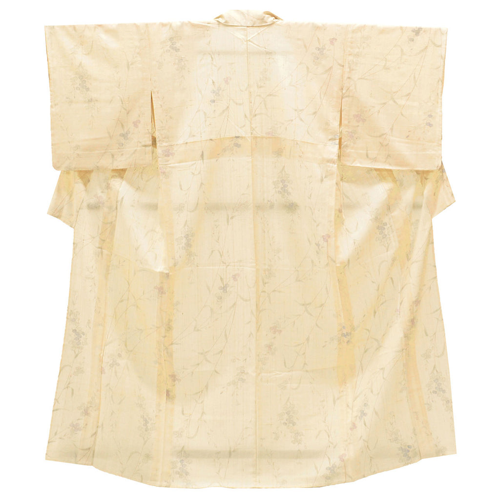 Vintage Japanese Kimono | Summer Mawata Tsumugi | Beige Silk | Botanical Floral | Petite Size S | Sustainable | uu1097b