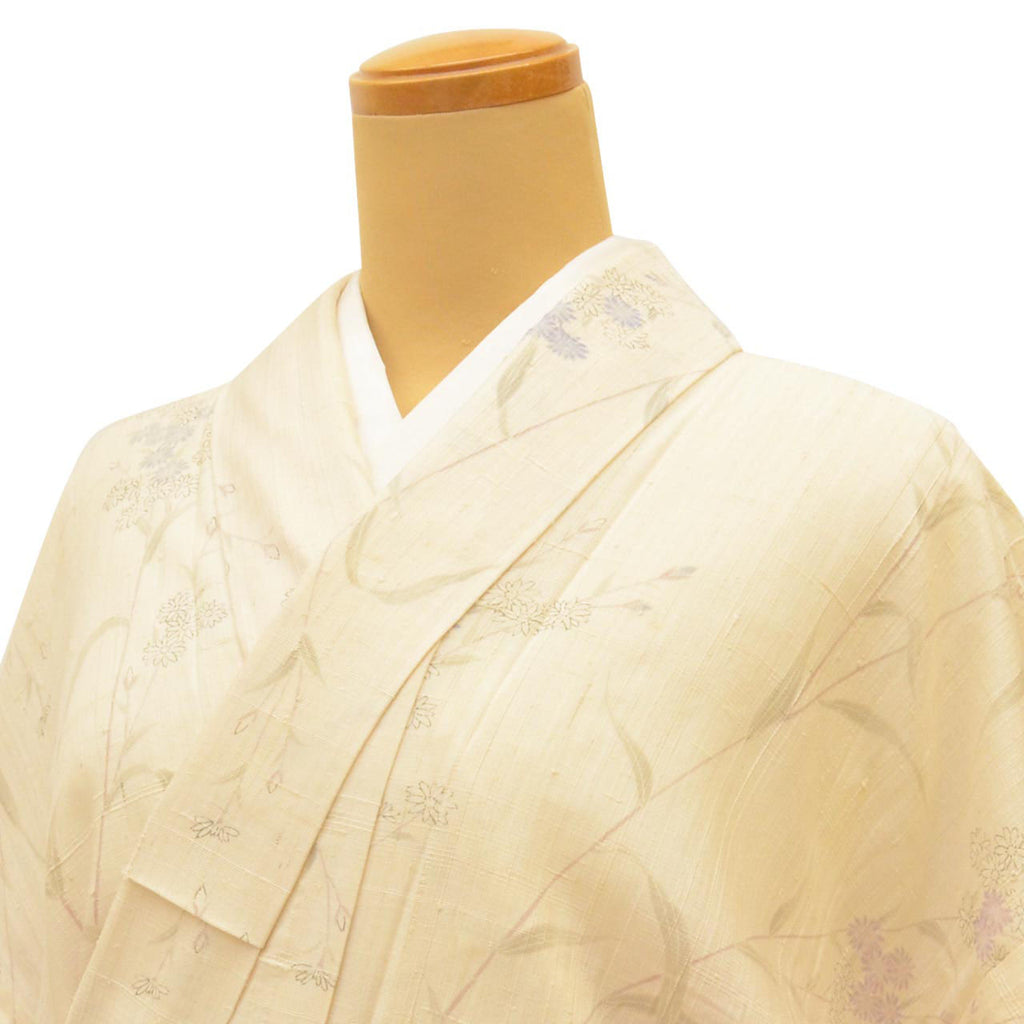 Vintage Japanese Kimono | Summer Mawata Tsumugi | Beige Silk | Botanical Floral | Petite Size S | Sustainable | uu1097b
