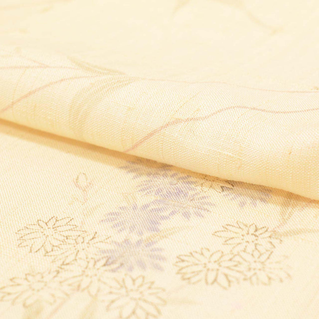 Vintage Japanese Kimono | Summer Mawata Tsumugi | Beige Silk | Botanical Floral | Petite Size S | Sustainable | uu1097b
