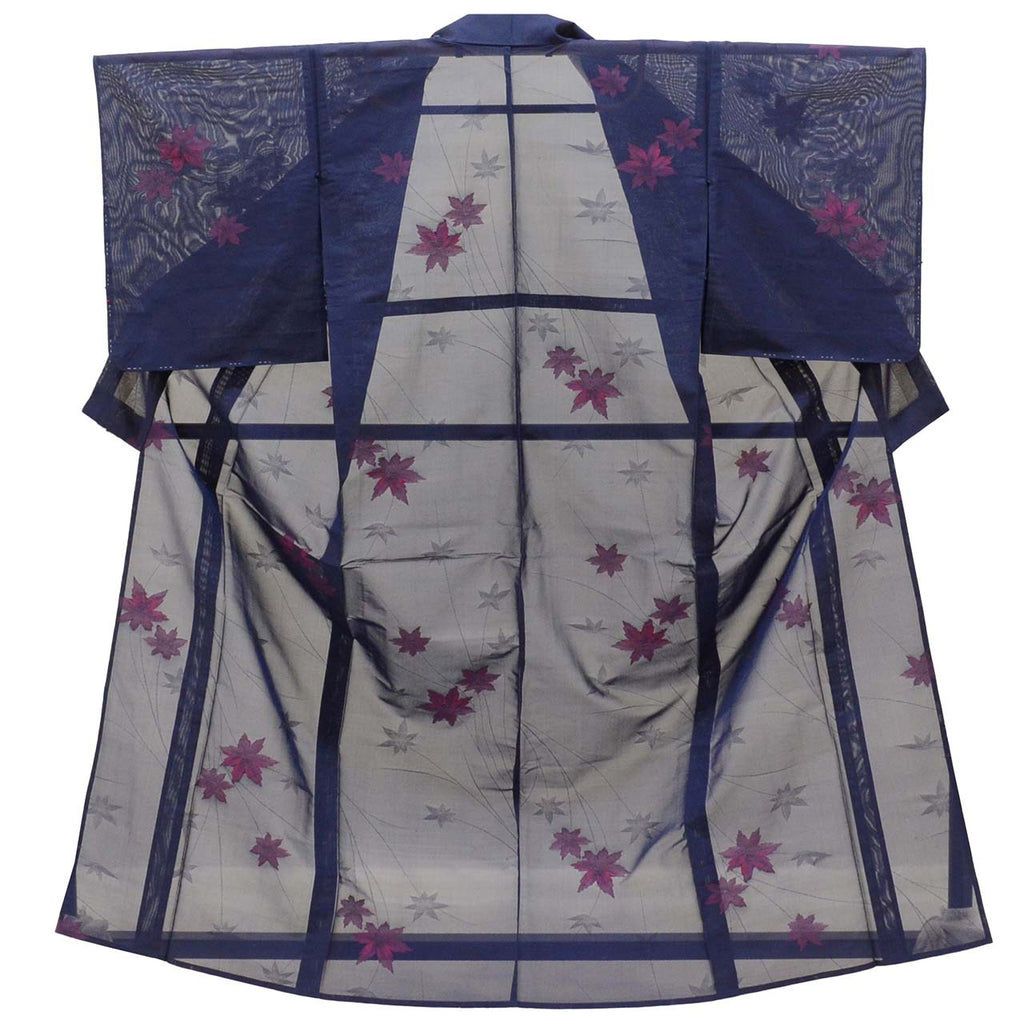 Vintage Japanese Kimono | Summer Komon | Navy Silk Sha | Autumn Maple Pattern | Size M | Sustainable | uu1098b