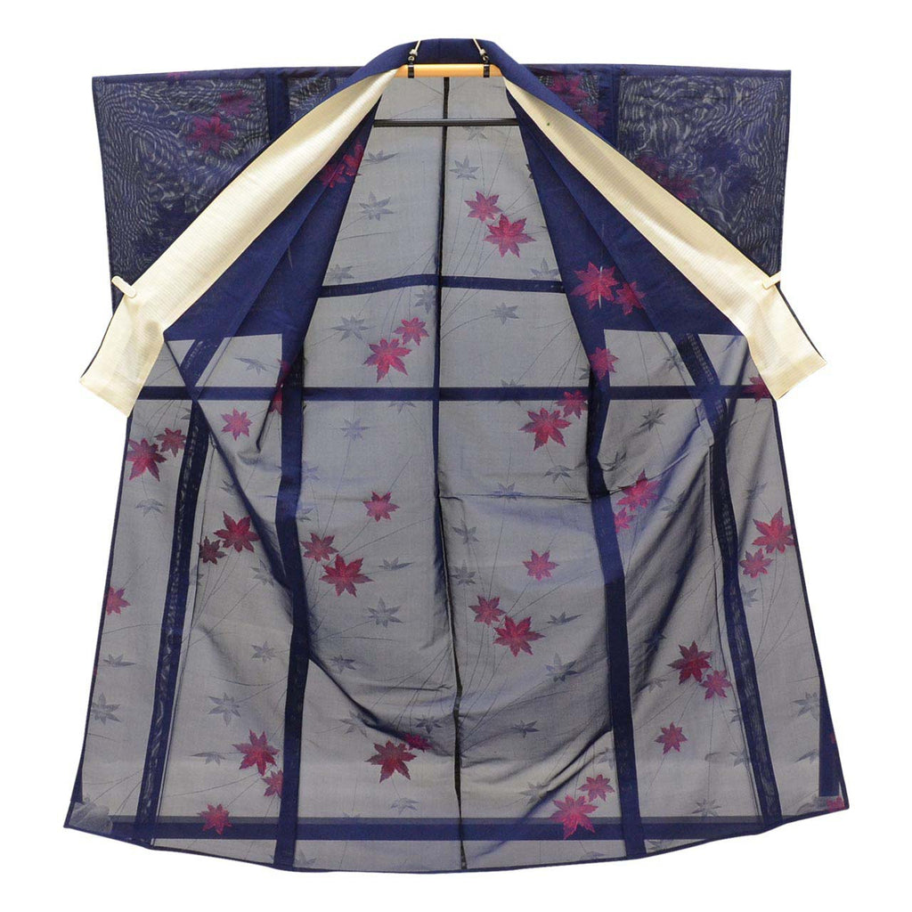 Vintage Japanese Kimono | Summer Komon | Navy Silk Sha | Autumn Maple Pattern | Size M | Sustainable | uu1098b