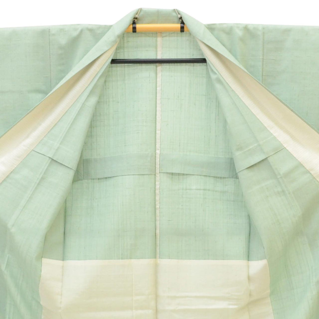 Vintage Japanese Kimono | Tsumugi | Green Silk | Solid | Unlined | Unused | Size M | Sustainable | uu1103b