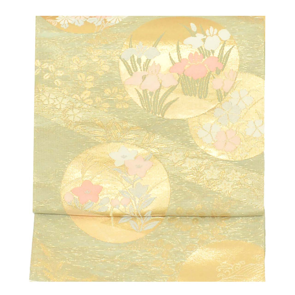 Vintage Japanese Obi | Summer Fukuro Obi | Green Silk Ro | Circle Floral | Hikihaku Gold Thread | Excellent | Sustainable | uu1105b