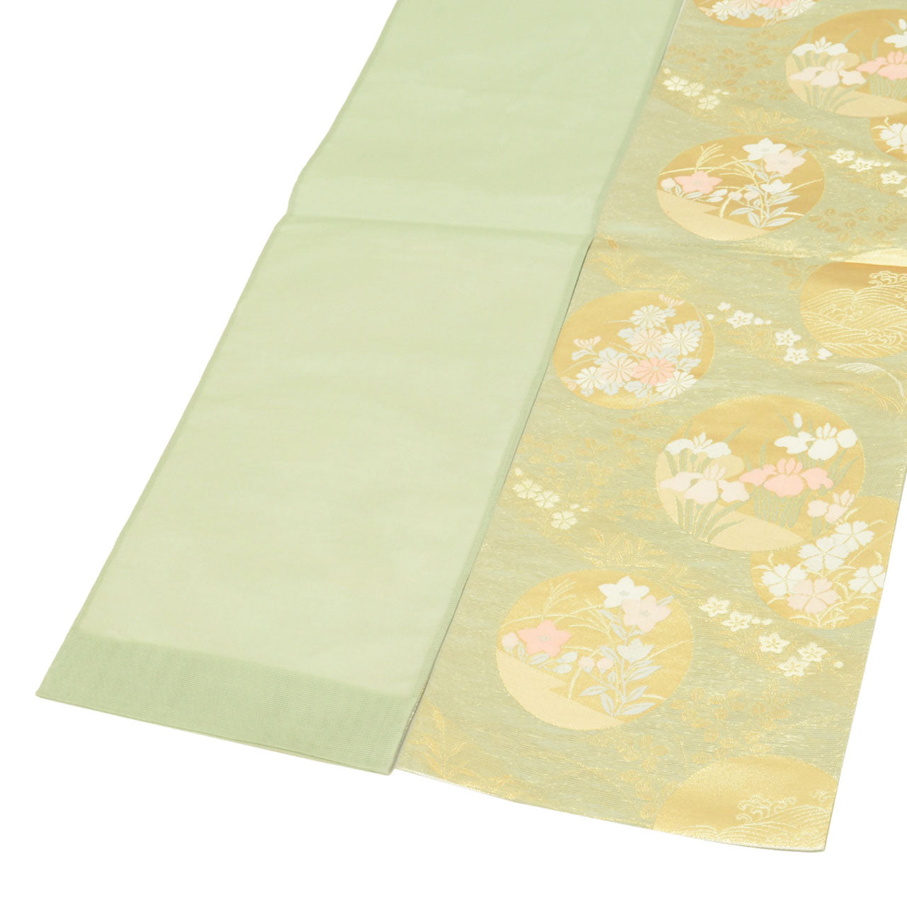 Vintage Japanese Obi | Summer Fukuro Obi | Green Silk Ro | Circle Floral | Hikihaku Gold Thread | Excellent | Sustainable | uu1105b