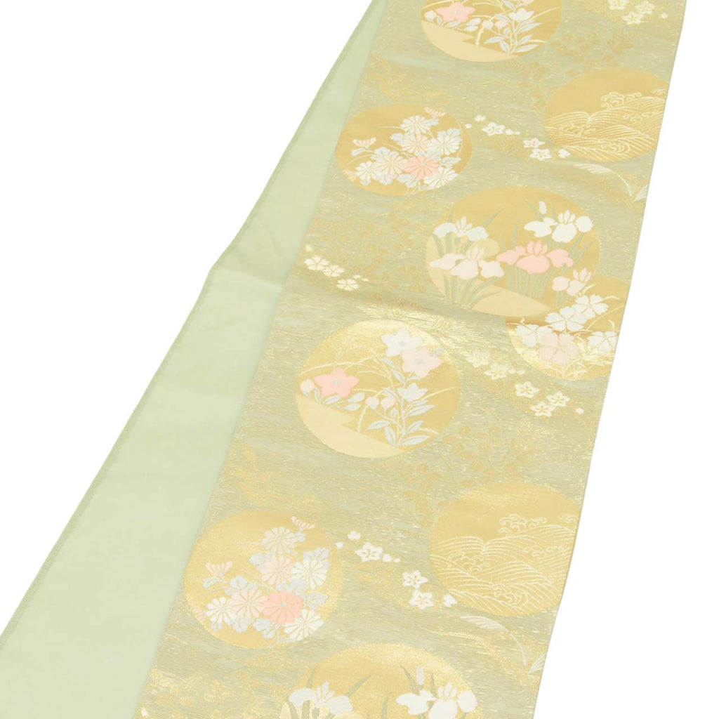 Vintage Japanese Obi | Summer Fukuro Obi | Green Silk Ro | Circle Floral | Hikihaku Gold Thread | Excellent | Sustainable | uu1105b