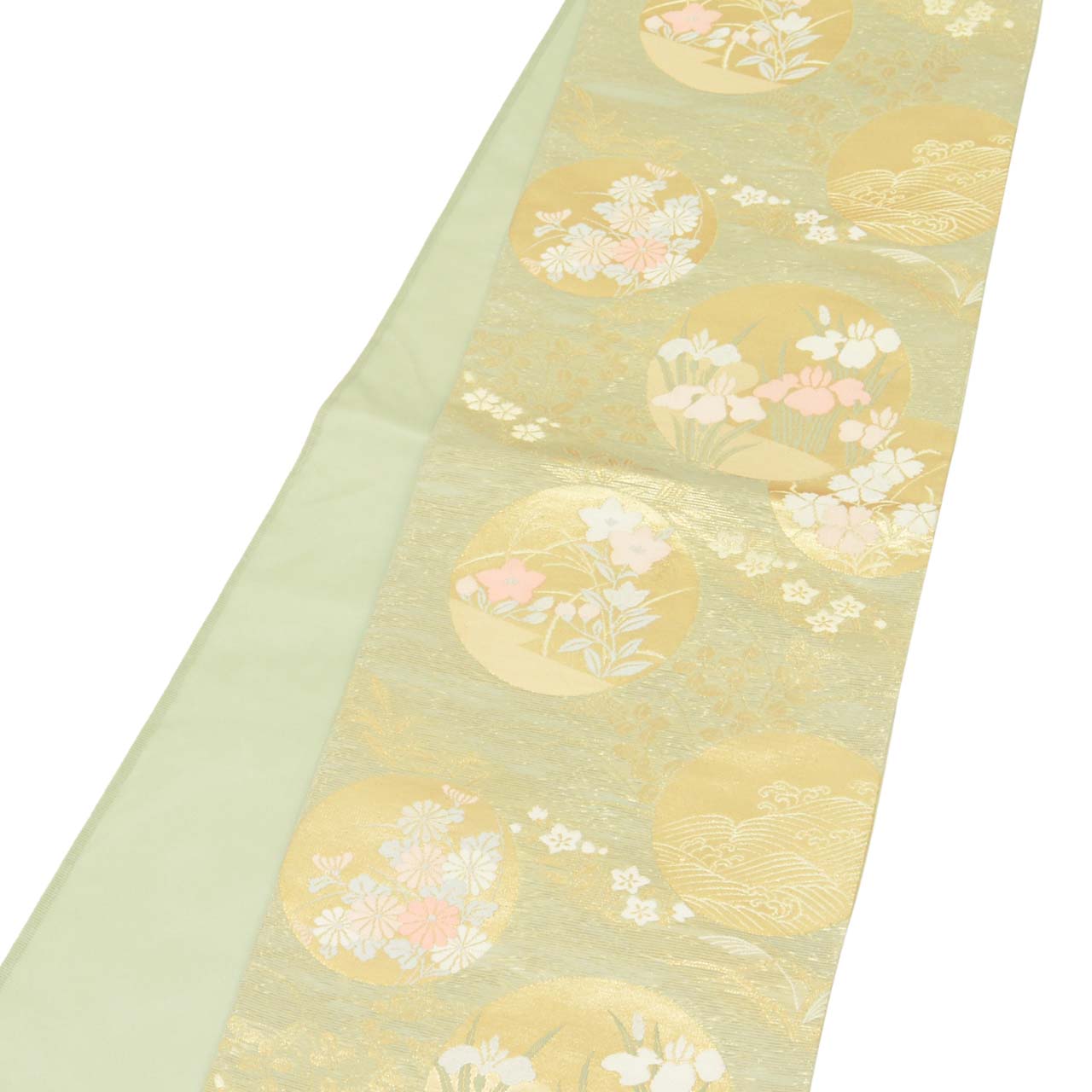 Vintage Japanese Obi | Summer Fukuro Obi | Green Silk Ro | Circle Floral | Hikihaku Gold Thread | Excellent | Sustainable | uu1105b
