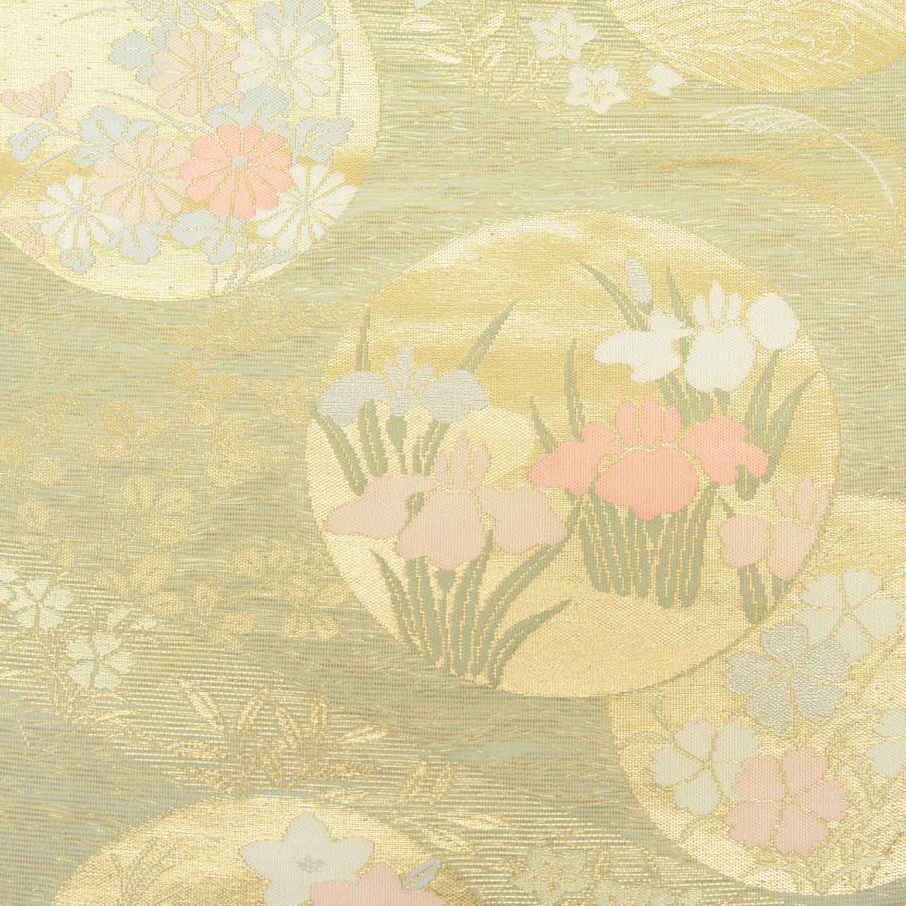 Vintage Japanese Obi | Summer Fukuro Obi | Green Silk Ro | Circle Floral | Hikihaku Gold Thread | Excellent | Sustainable | uu1105b