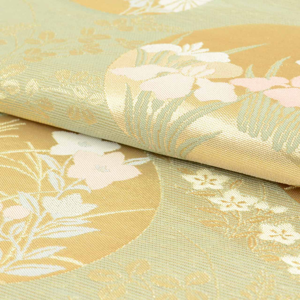 Vintage Japanese Obi | Summer Fukuro Obi | Green Silk Ro | Circle Floral | Hikihaku Gold Thread | Excellent | Sustainable | uu1105b