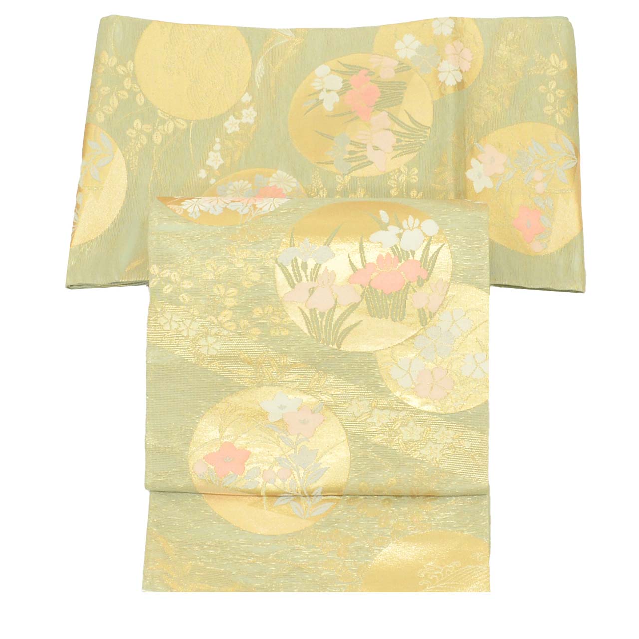 Vintage Japanese Obi | Summer Fukuro Obi | Green Silk Ro | Circle Floral | Hikihaku Gold Thread | Excellent | Sustainable | uu1105b