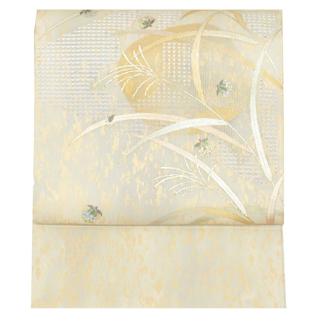 Vintage Japanese Obi | Summer Fukuro Obi | Gray Mixed Weave Ro | Pampas Grass Firefly | Hikihaku Gold Thread | Sustainable | uu1112b