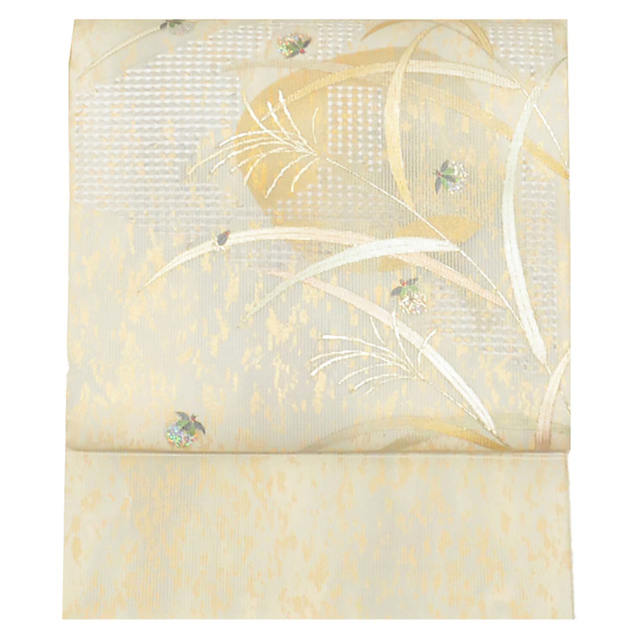 Vintage Japanese Obi | Summer Fukuro Obi | Gray Mixed Weave Ro | Pampas Grass Firefly | Hikihaku Gold Thread | Sustainable | uu1112b