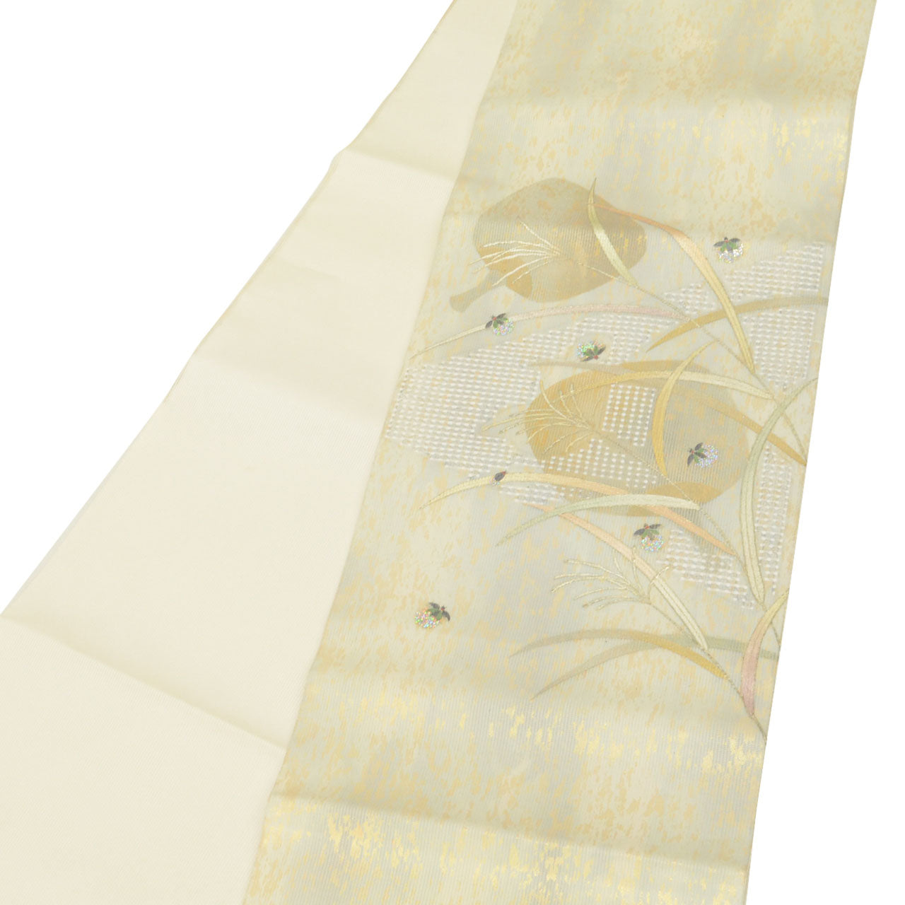 Vintage Japanese Obi | Summer Fukuro Obi | Gray Mixed Weave Ro | Pampas Grass Firefly | Hikihaku Gold Thread | Sustainable | uu1112b