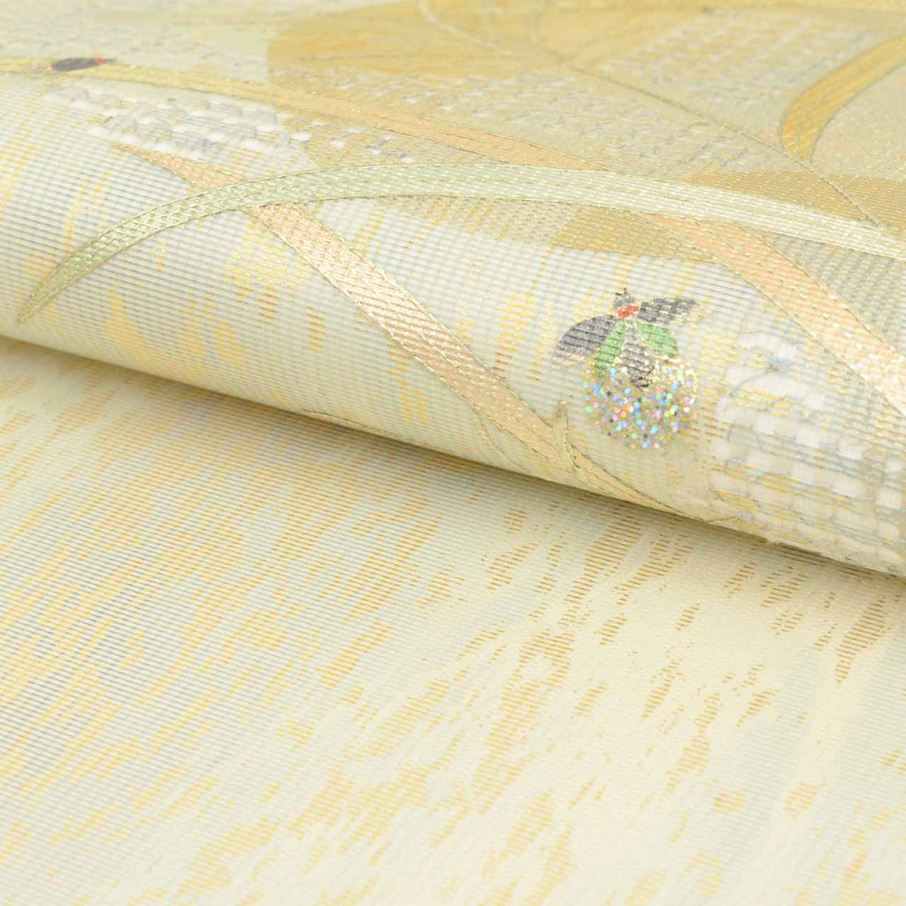 Vintage Japanese Obi | Summer Fukuro Obi | Gray Mixed Weave Ro | Pampas Grass Firefly | Hikihaku Gold Thread | Sustainable | uu1112b