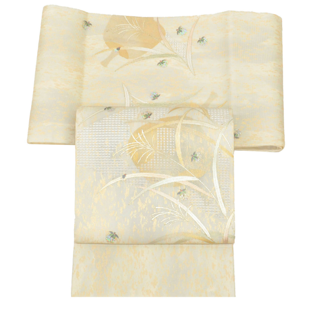 Vintage Japanese Obi | Summer Fukuro Obi | Gray Mixed Weave Ro | Pampas Grass Firefly | Hikihaku Gold Thread | Sustainable | uu1112b
