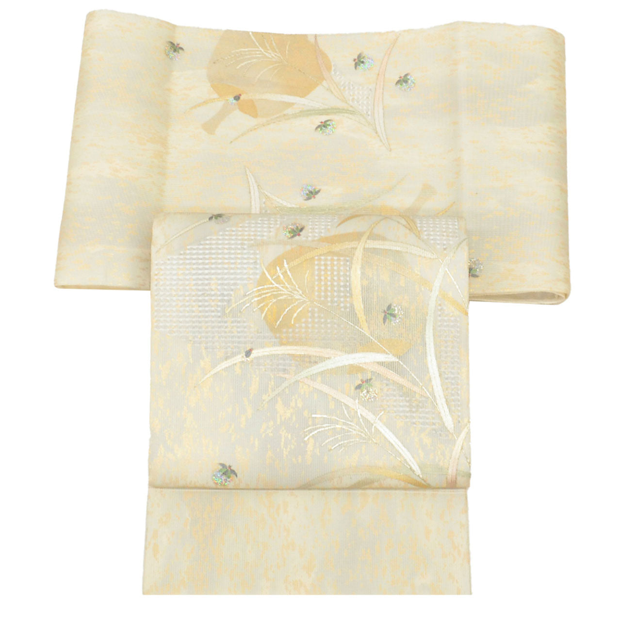 Vintage Japanese Obi | Summer Fukuro Obi | Gray Mixed Weave Ro | Pampas Grass Firefly | Hikihaku Gold Thread | Sustainable | uu1112b