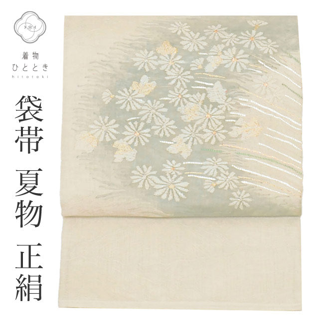 【中古】 袋帯 リサイクル 正絹 夏物 夏仕立て上がり 白色系 花文様 紗 お太鼓柄 金糸 uu1113b 【 送料無料 リユース 和服 結婚式 お祝い お茶会 パーティー 入学式 卒業式 お茶会 お茶席 茶道 着物 帯 kimono 通販 】