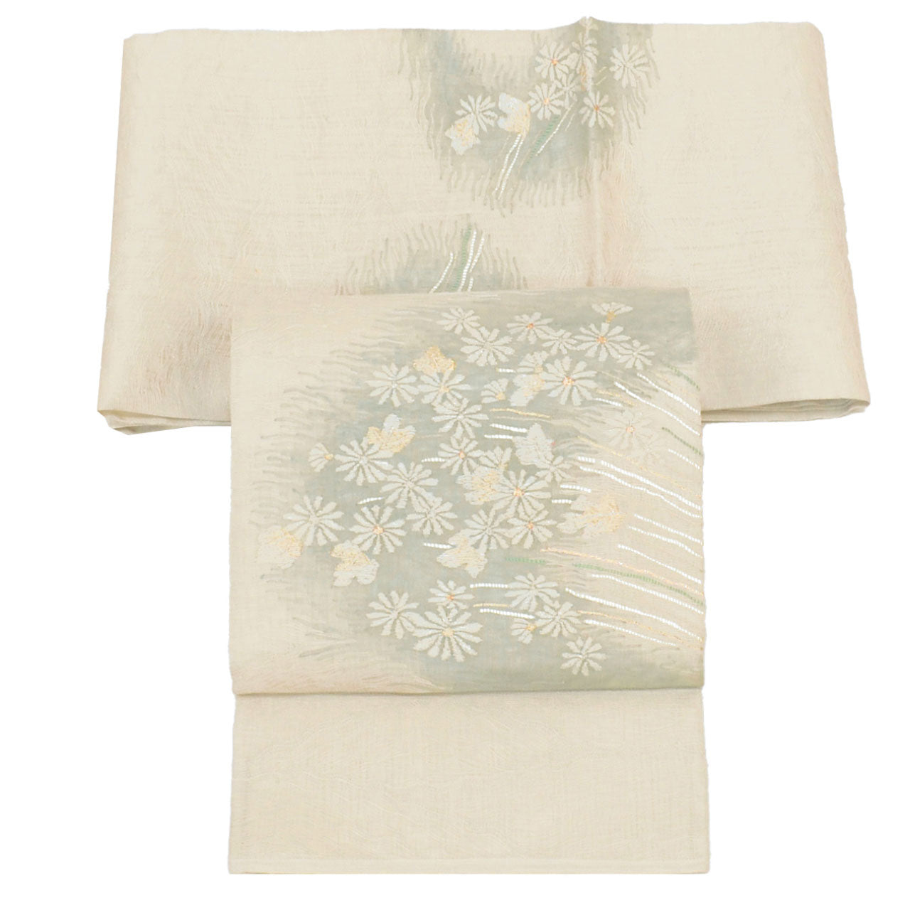 Vintage Japanese Obi | Summer Fukuro Obi | White Silk Sha | Floral | Gold Thread | Otaiko | Sustainable | uu1113b