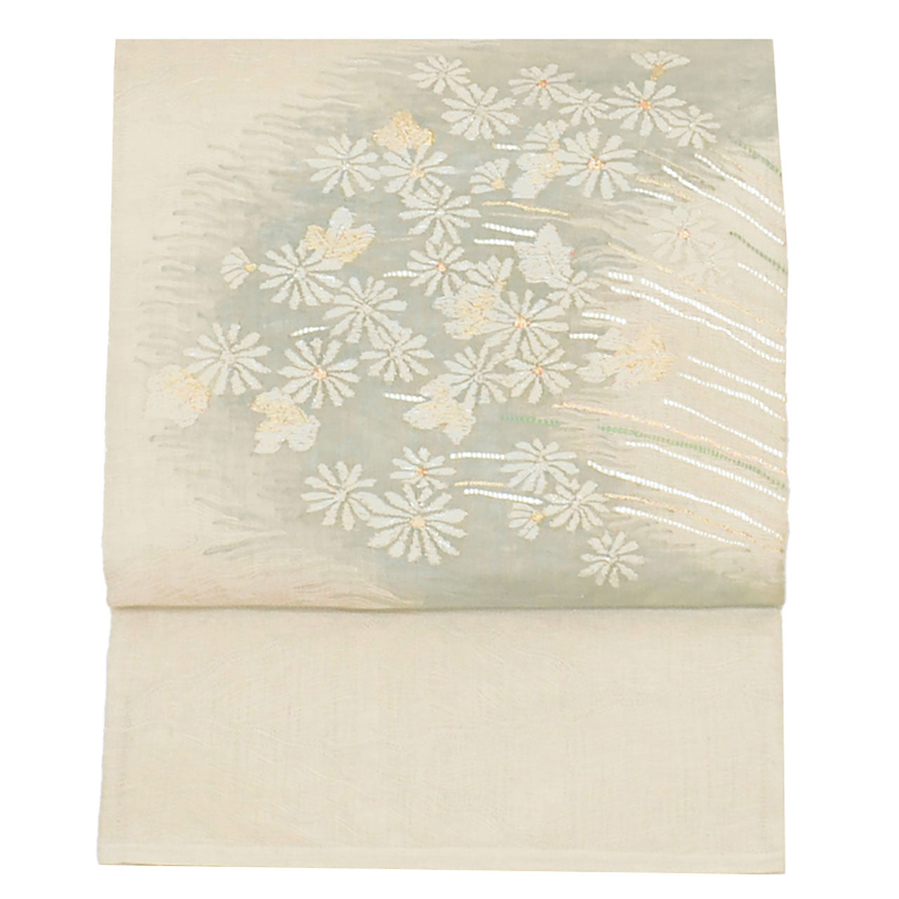 Vintage Japanese Obi | Summer Fukuro Obi | White Silk Sha | Floral | Gold Thread | Otaiko | Sustainable | uu1113b