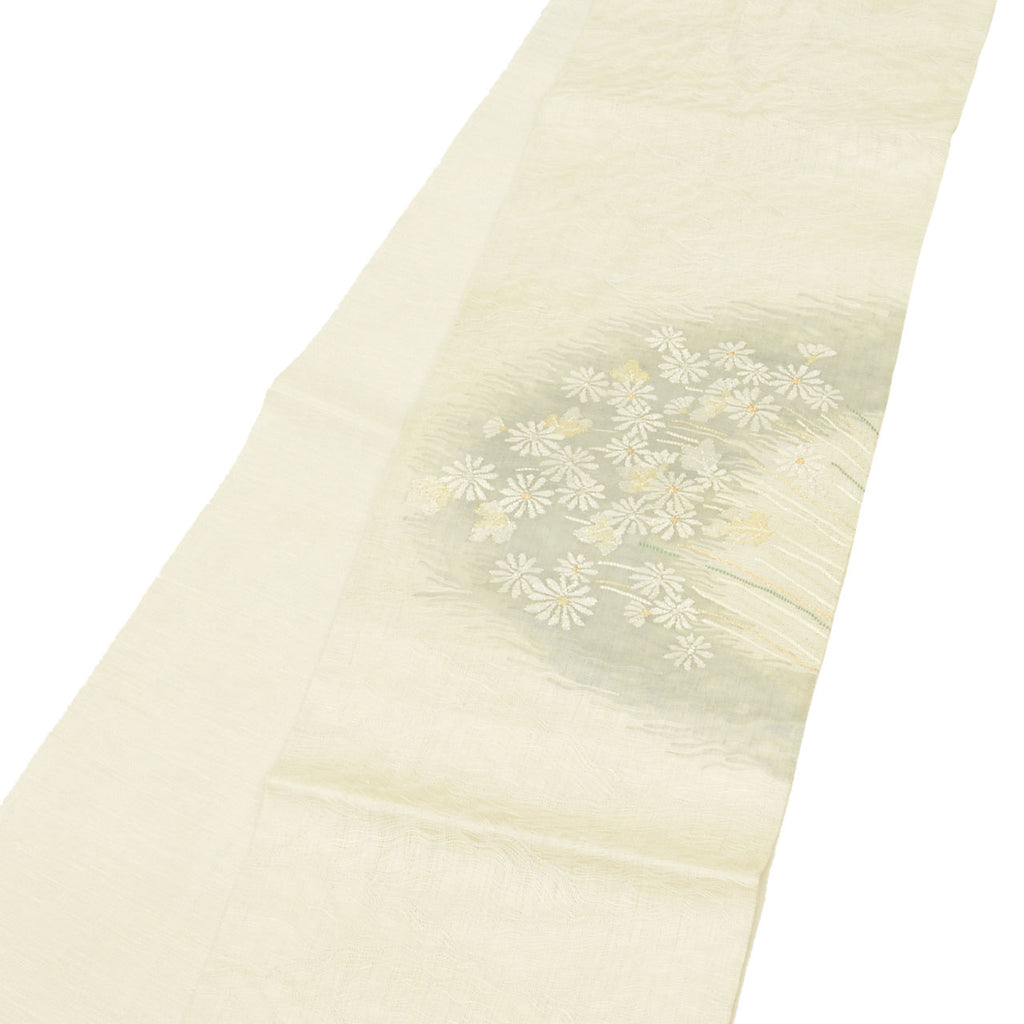 Vintage Japanese Obi | Summer Fukuro Obi | White Silk Sha | Floral | Gold Thread | Otaiko | Sustainable | uu1113b