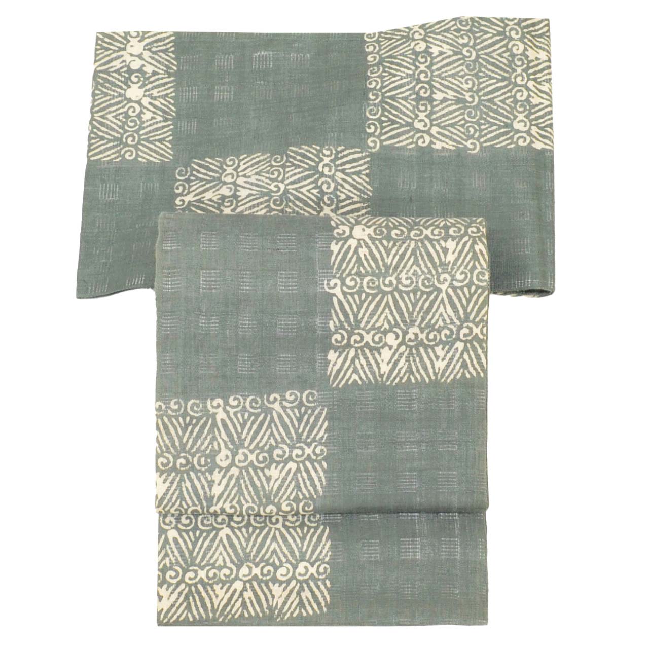 Vintage Japanese Obi | Summer Nagoya Obi | Gray Linen | Lattice Geometric | Tsumugi Style | Sustainable | uu1123b