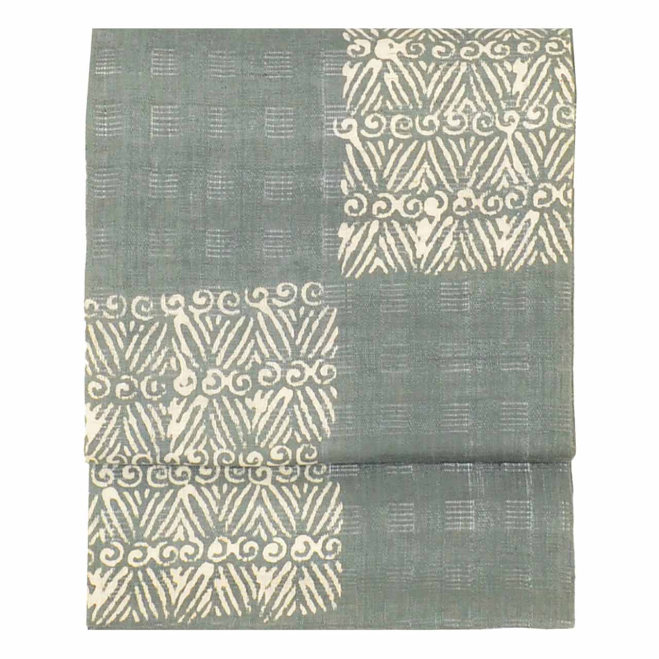 Vintage Japanese Obi | Summer Nagoya Obi | Gray Linen | Lattice Geometric | Tsumugi Style | Sustainable | uu1123b