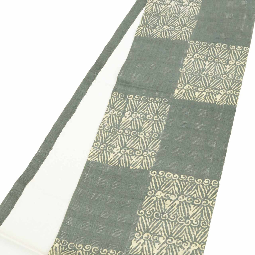 Vintage Japanese Obi | Summer Nagoya Obi | Gray Linen | Lattice Geometric | Tsumugi Style | Sustainable | uu1123b