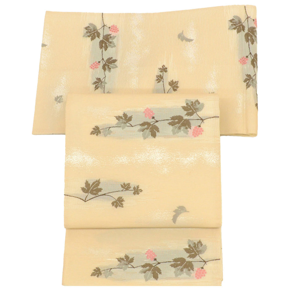 Vintage Japanese Obi | Summer Kyo-bukuro Obi | Beige Synthetic Ro | Grape Pattern | Silver Thread | Sustainable | uu1129b