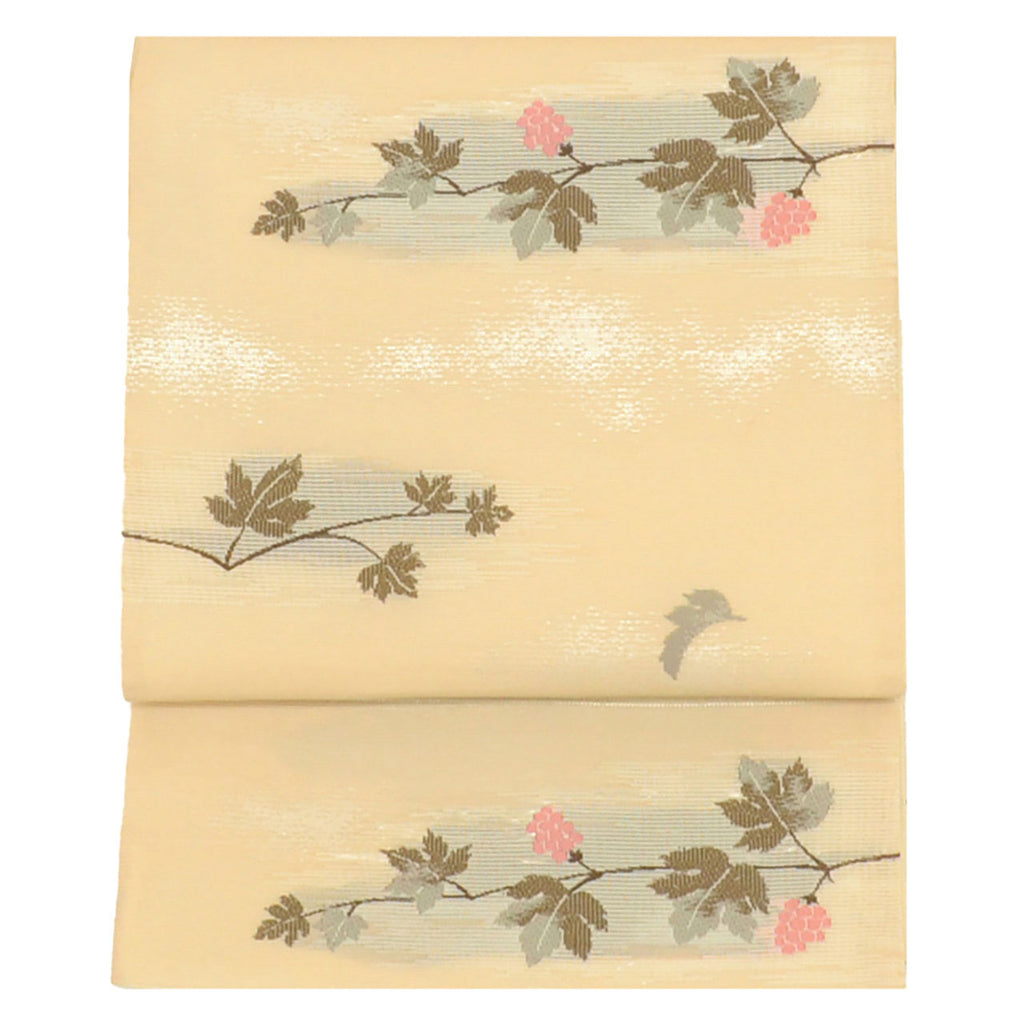 Vintage Japanese Obi | Summer Kyo-bukuro Obi | Beige Synthetic Ro | Grape Pattern | Silver Thread | Sustainable | uu1129b