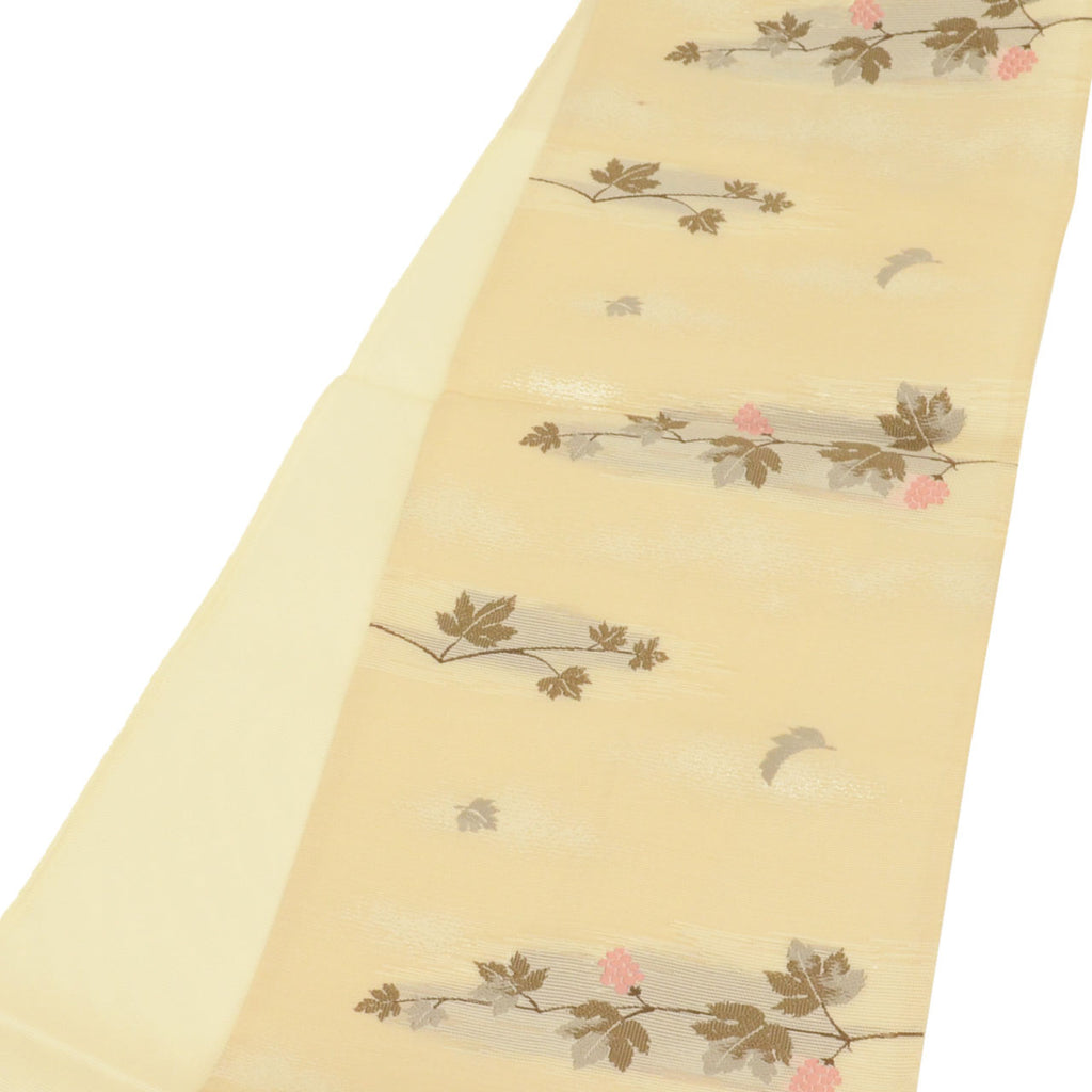Vintage Japanese Obi | Summer Kyo-bukuro Obi | Beige Synthetic Ro | Grape Pattern | Silver Thread | Sustainable | uu1129b