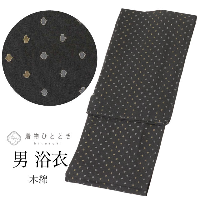 【中古】  浴衣 男性用 単品 木綿 リサイクル浴衣 メンズ 裄68cm 身丈151.5cm LL 黒色系 幾何学文様 美品 未使用品 平織り  uu1162b