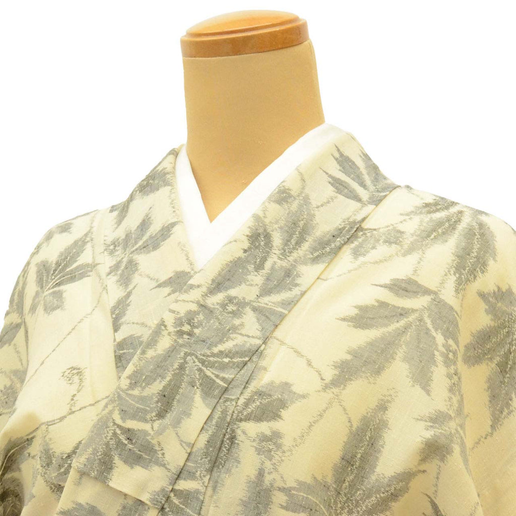 Vintage Japanese Kimono | Summer Komon | Beige Mixed Weave | Botanical Pattern | Tsumugi Style | Petite Size S | Sustainable | uu1166b