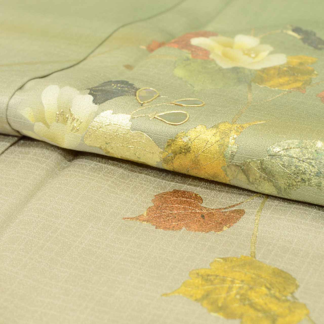 Vintage Japanese Kimono | Tsukesage | Green Silk | Botanical | Gold Foil | Petite Size S | Sustainable | uu1177b