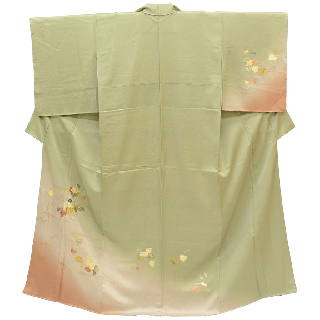 Vintage Japanese Kimono | Tsukesage | Green Silk | Botanical | Gold Foil | Petite Size S | Sustainable | uu1177b