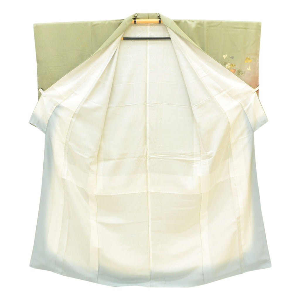 Vintage Japanese Kimono | Tsukesage | Green Silk | Botanical | Gold Foil | Petite Size S | Sustainable | uu1177b