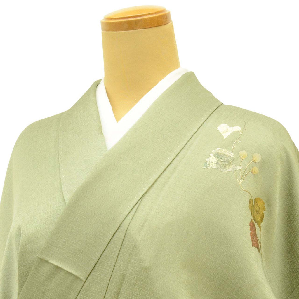 Vintage Japanese Kimono | Tsukesage | Green Silk | Botanical | Gold Foil | Petite Size S | Sustainable | uu1177b
