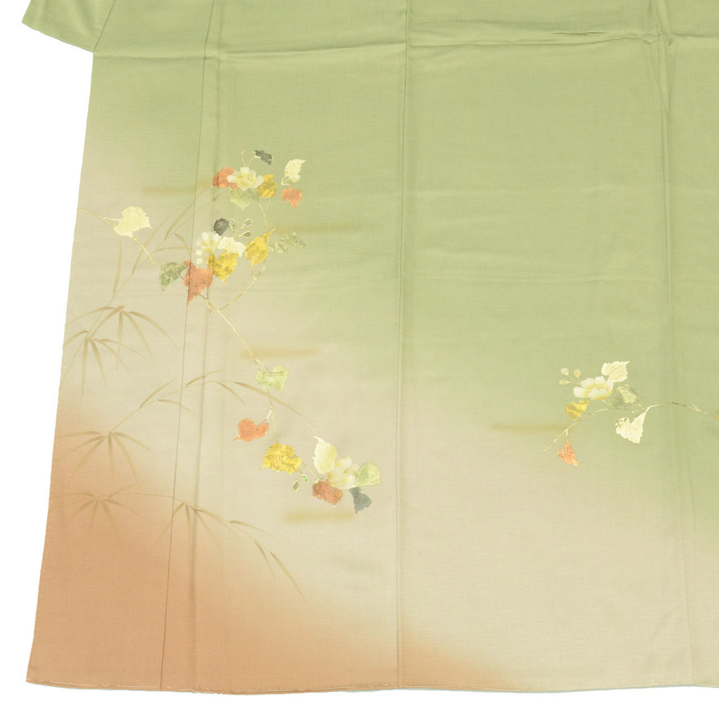 Vintage Japanese Kimono | Tsukesage | Green Silk | Botanical | Gold Foil | Petite Size S | Sustainable | uu1177b