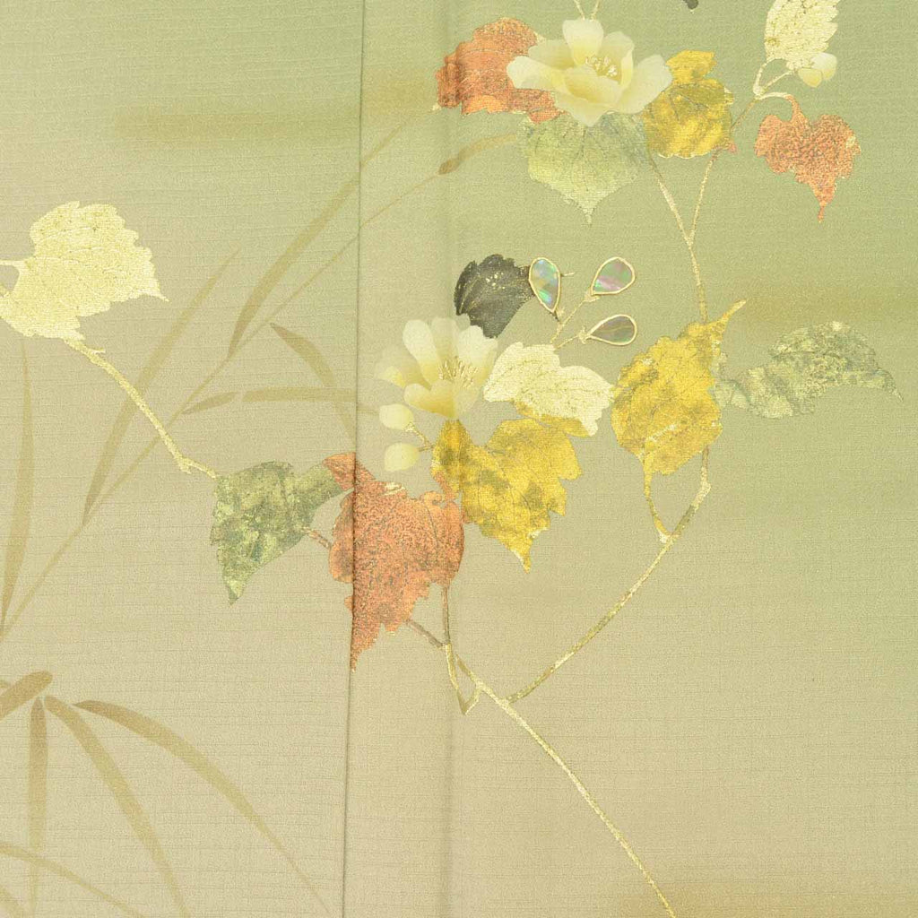 Vintage Japanese Kimono | Tsukesage | Green Silk | Botanical | Gold Foil | Petite Size S | Sustainable | uu1177b