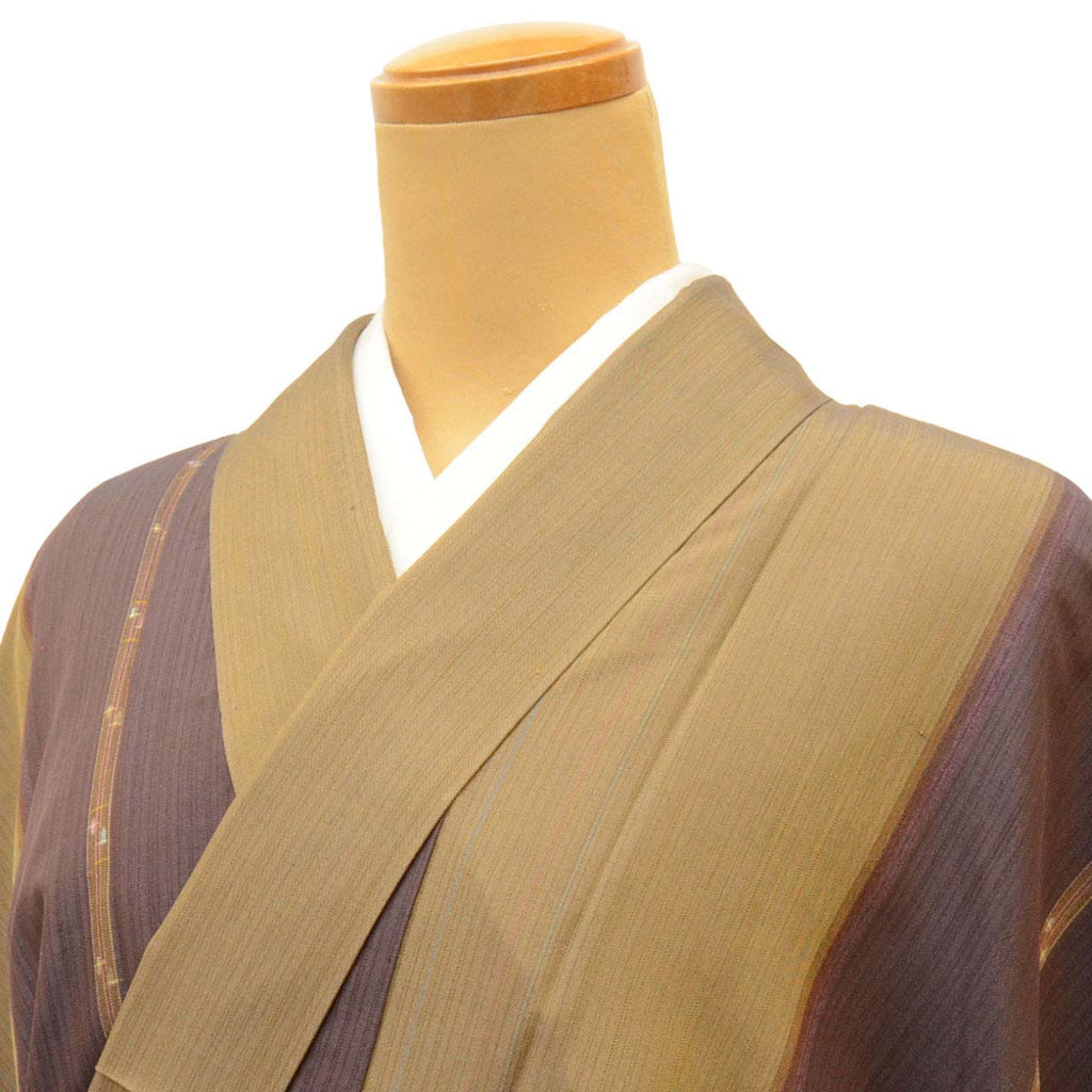 Vintage Japanese Kimono | Tsumugi | Brown Purple Silk | Stripe Pattern | Tall Size LL | Sustainable | uu1180b