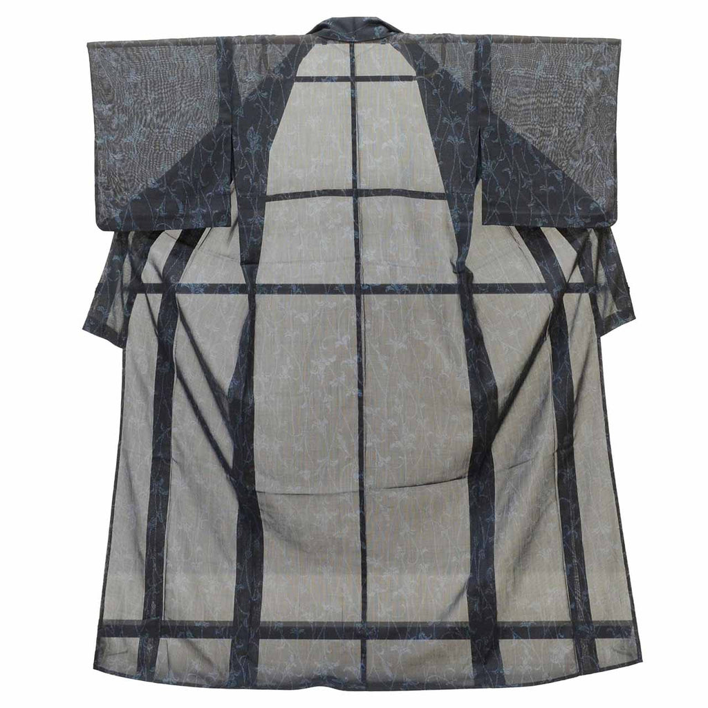 Vintage Japanese Kimono | Summer Komon | Black Synthetic Ro | Floral Arabesque | Washable | Excellent | Size L | Sustainable | uu1189b