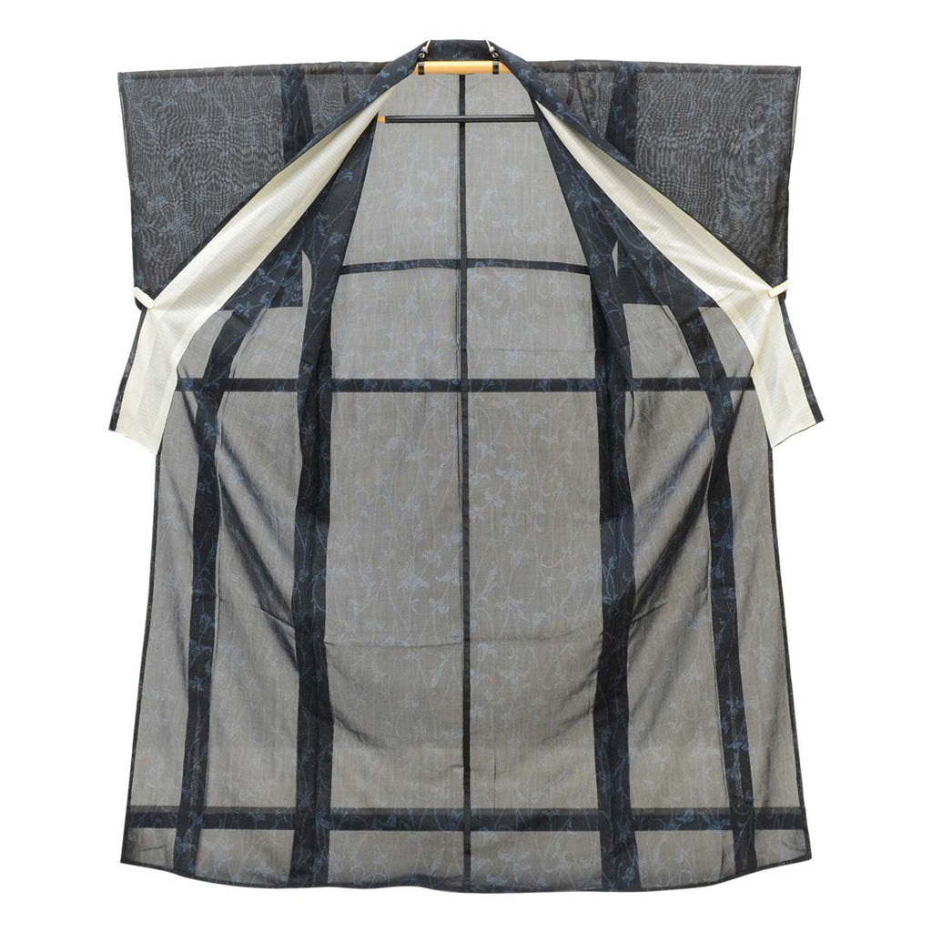 Vintage Japanese Kimono | Summer Komon | Black Synthetic Ro | Floral Arabesque | Washable | Excellent | Size L | Sustainable | uu1189b