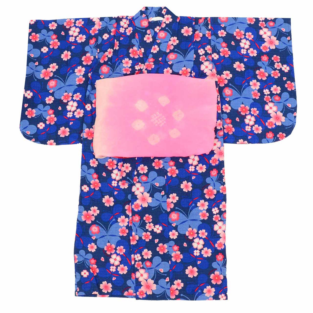 [Used] Children's Yukata (Girls') with Heiko Obi (Sash) Set, Cotton, Recycled Yukata, Kids Size 100, Navy Blue with Floral and Butterfly Pattern, Moujonjon uu1202b 