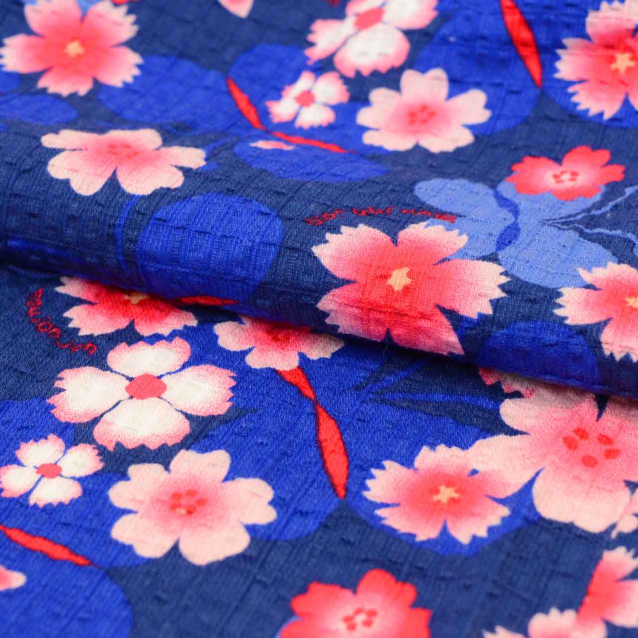 [Used] Children's Yukata (Girls') with Heiko Obi (Sash) Set, Cotton, Recycled Yukata, Kids Size 100, Navy Blue with Floral and Butterfly Pattern, Moujonjon uu1202b 
