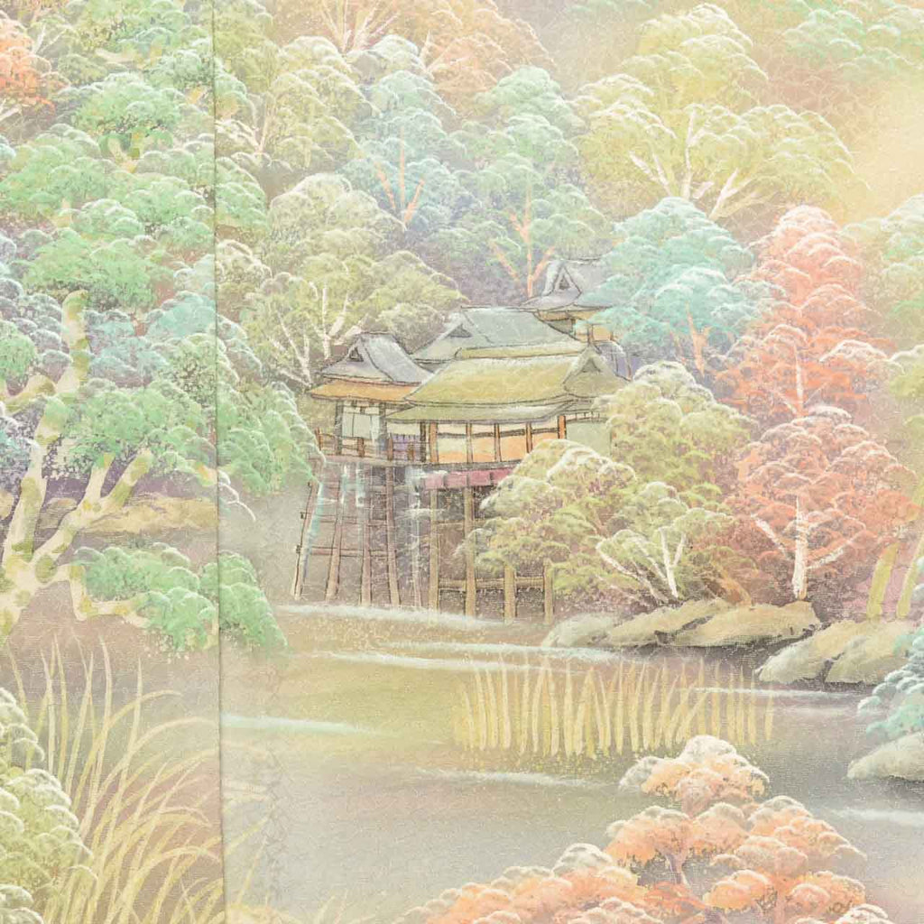 [Used] Recycled Kimono, Formal Kimono (Houmongi), Lined, Pure Silk, Ready-made, Sleeve Length 65.0cm (25.6in), Body Length 162.6cm (64.0in), Size L, White, Landscape Pattern, Gold Thread, uu1215b 